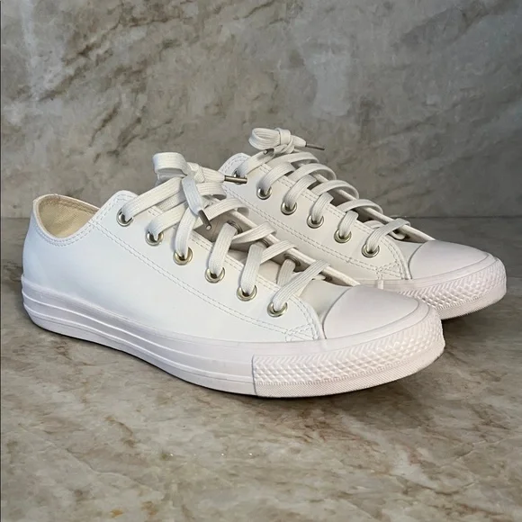 Converse White Leather with Gold Hardware Low-Top Sneakers, Women’s Size 9.5 - Picture 1 of 6